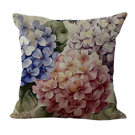 ChezMax Linen Blend Classical Flowers Print Cushion Cover Cotton Pillowslip Square Decorative Throw Pillow Case 18 X 18''