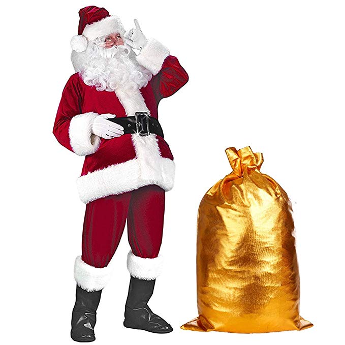 Christmas Santa Claus Costume with Beard, Deluxe Santa Suit Outfit Plush Velvet