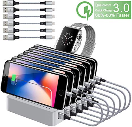 Charging Station for Multiple Devices, ideallife QC 3.0 Fast Charging Dock Organizer, 6 Smart Charging Ports with 6 Cables, Compatible with iPhone iPad and Android Cell Phone and Tablet (Silver)