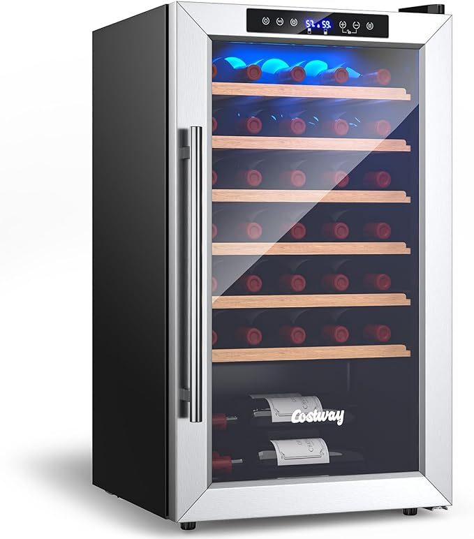 COSTWAY 20 Inch Wine Cooler, 33 Bottles Wine Refrigerator with 2-Layer Tempered Glass Door & LED Control Panel, Dual Alarm Function, 41-61.5°F Temp Control, Built-In or Freestanding Mini Wine Fridge