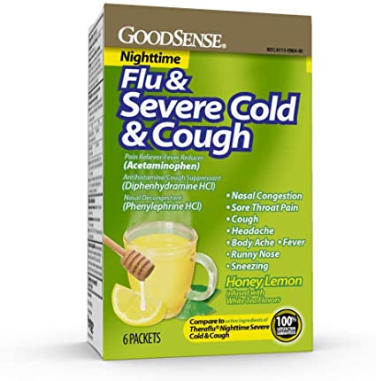 GoodSense Nighttime Severe Cold, Flu and Cough, Pain Reliever/Fever Reducer, Nasal Decongestant, Cough Suppressant, Antihistamine. Hot Liquid Therapy for Fast Relief, 6 Count