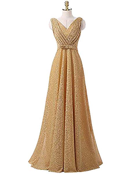 OYISHA Women's Classic V-Neck Pleated Formal Evening Gowns Long Bridesmaid Dresses for Wedding 2019 EP11