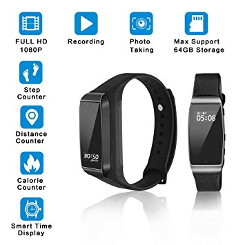 Smart Bracelet Hidden Spy Camera , Youlanda Surveillance Recording Camera 1080P HD Videoing Support 64 GB Storage Wristband With Steps Calorie Counter, Smart Time Display For iOS&Android