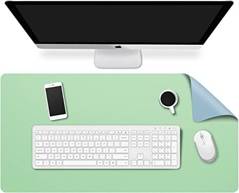 MoKo Computer Desk Mat, PU Large Extended Gaming Mouse Pad, Non-Slip Keyboard Mouse Mat, Waterproof Office Writing Desk Pad Protector, 31.5 x 15.7 x 0.08 Inch - Double Side Ice Green/Water Blue