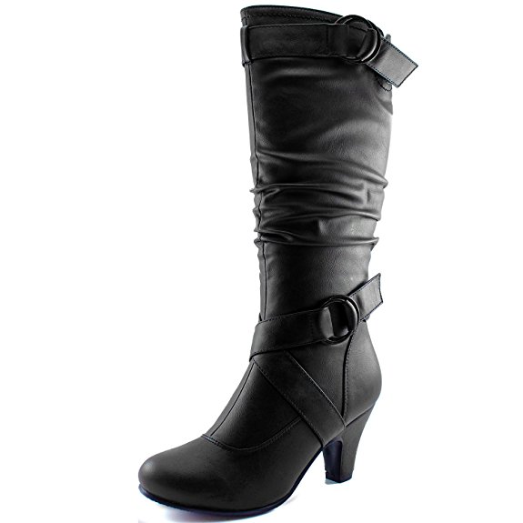 Dailyshoes Women's Slouchy Mid Calf Strappy Boots with Ankle and Top Straps - 2" Heel Fashion Boots
