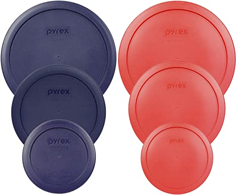 Pyrex Round Storage Cover, Replacement Lids for Glass Bowl, 2 (6/7) Cup Red/Blue Lids, 2 (4) Cup Red/Blue Lids, 2 (2) Cup Red/Blue Lids, 6 Lids Total