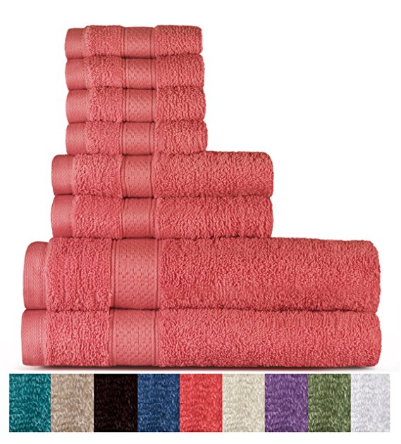 100% Cotton 8 Piece Towel Set (Coral); 2 Bath Towels, 2 Hand Towels and 4 Washcloths, Machine Washable, Super Soft by WELHOME