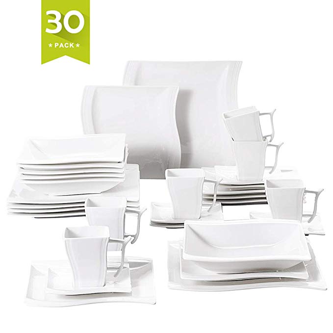 Malacasa 30-Piece Porcelain Square Dinnerware Plates Set with Plates and Bowls Dinner Soup Dessert Plates Cups Plates Saucers Dishes Dinnerware Set Service for 6, White, Series Flora