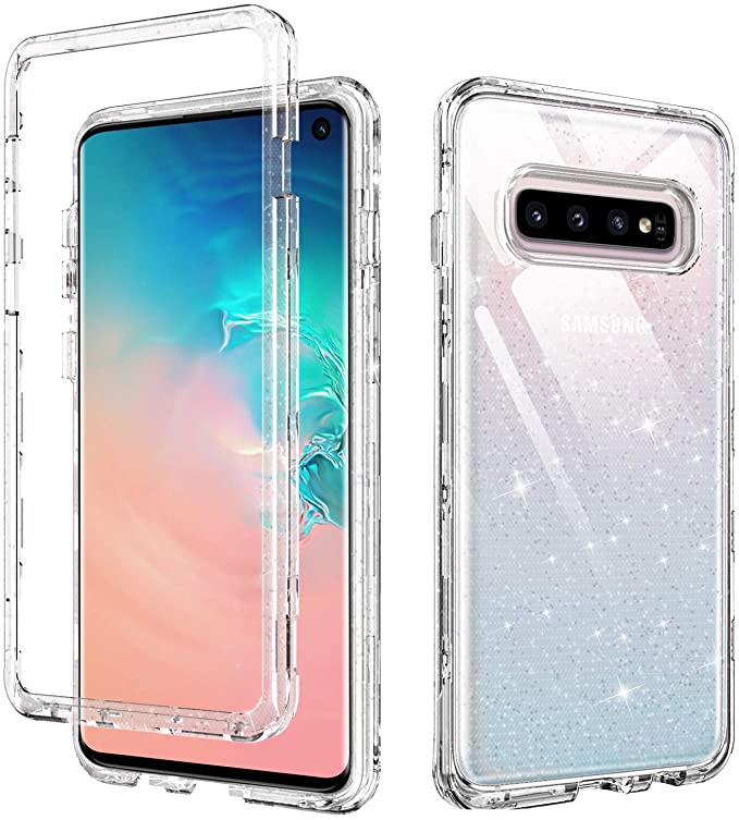 Galaxy S10 Case, Samsung S10 Cases, DUEDUE 3 in 1 Shockproof Heavy Duty Hybrid Hard PC Cover Transparent TPU Bumper Clear Full Body Protective Phone Case for Samsung Galaxy S10 Case for Women Girls, Clear/Glitter