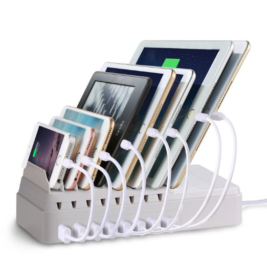 FLECK CS008 8-Port Desktop Universal Charging Station Multi-Device Dock,Organizer,Stand, USB Charger Clever Design For Easy Cable Storage For iPhone iPad Smartphone PC Tablets etc (White)