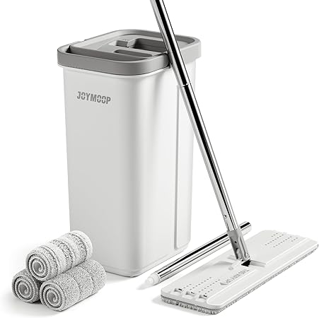 JOYMOOP Mop and Bucket with Wringer Set, White Flat Squeeze Mop Bucket Set for Floor Cleaning, Wall Cleaner with Long Handle, Hardwood Floor Mop, Flat Head Mops -3 Microfiber Cloths