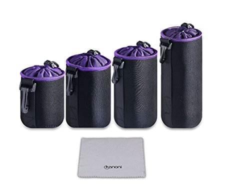(4 Pack)Kanoni Lens Pouch - 5mm Thick Protective Neoprene Pouch Set of Soft Plush Lining With a Hook for DSLR Camera Lens(Canon, Nikon, Pentax, Sony, etc. Black)