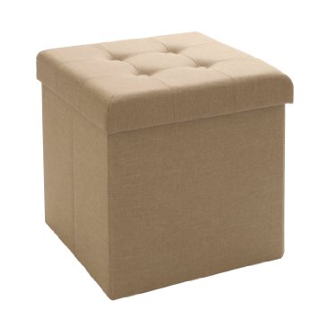 Seville Classics Foldable Tufted Storage Cube/Ottoman with Bin, Oatmeal Beige