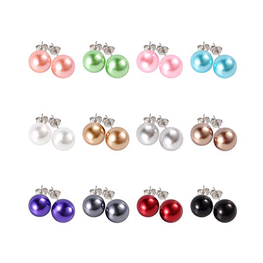 LEILE 12pairs colors Assorted Mixed Wholesale Lot Glass Pearl Earrings Studs Gift Set Stainless Steel Pin for Women kids Girl