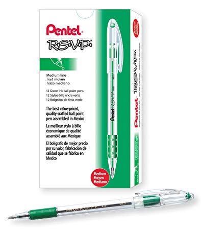 Pentel R.S.V.P. Ballpoint Pen, 1.0mm Medium Tip, Green Ink, Box of 12 (BK91-D)