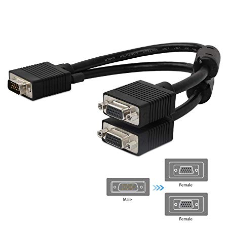 VGA Cable, ICZI 1080P VGA Splitter Male to Female 1 Input to 2 Output Adapter Cable with Nickel-Plated Male to Female Connectors for 2 Monitors Screens   Anti-Dust   Velcro Cover - 1Ft, Black