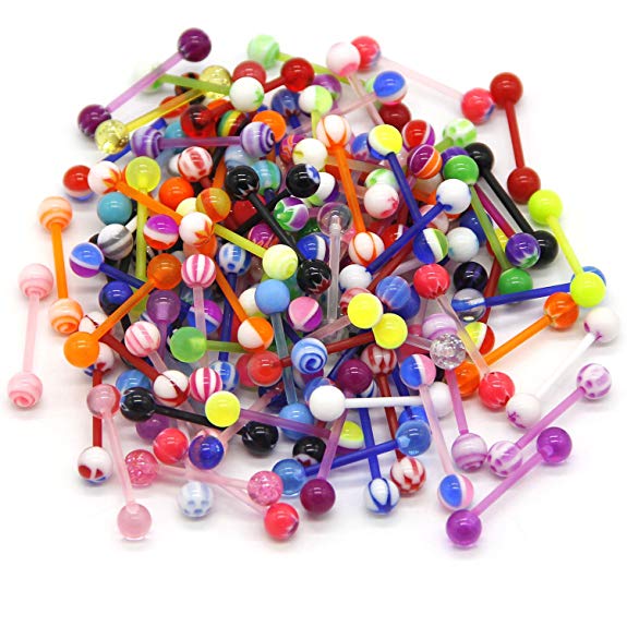 CrazyPiercing 110 PCS Wholesale 14g Tongue Rings Barbells Assorted Colors
