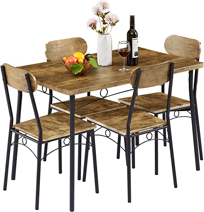 VECELO 5 Piece Dining Table Set, Metal and Wood Rectangular Kitchen Bar Breakfast Nook, Dinette with 4 Chairs, Room, Brown