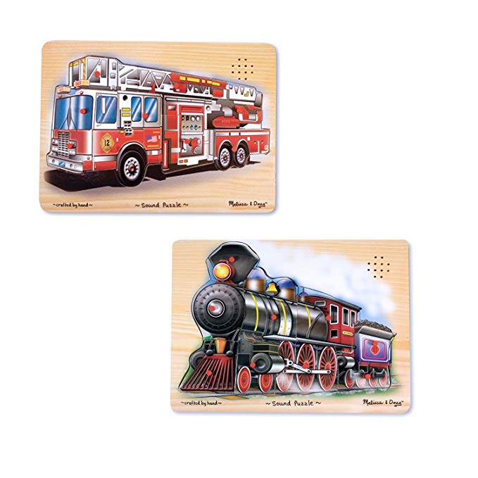 Melissa & Doug Vehicles Sound Puzzles Set: Fire Truck and Train - Wooden Peg Puzzles