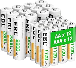 EBL 24PCS AA et AAA Piles Rechargeables, avec 12PCS AA Piles Rechargeables 2800mAh et 12PCS AAA 1100mAh NIMH 1.2V, Pré-chargée Piles AA/AAA Rechargeables, et Auto-decharge Faible