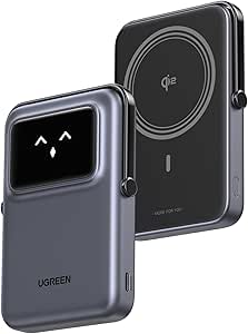 UGREEN Uno Magsafe Portable Charger, Qi2 Certified 15W Magnetic Power Bank, 10000mAh Wireless Battery Pack with Foldable Stand and TFT Display for iPhone 16/15/14/13/12 Series Black