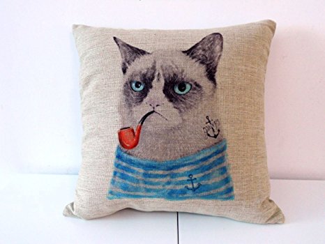 Decorbox Cotton Linen Square Throw Pillow Case Decorative Cushion Cover Pillowcase for Sofa Cat with Pipe 18 "X18 "