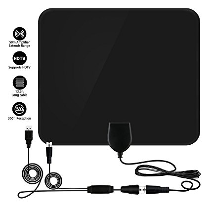 HDTV Antenna, 50 mile Range Indoor Amplified TV Antenna, 1080P Indoor Digital TV HD Antenna, Detachable Amplifier Signal Booster and 13.5ft High Performance Coax Cable (Black)