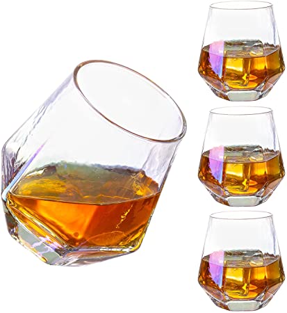SUNNOW Vastto 10 Ounce Iridescent Diamond Whiskey Glass Cocktail Glass,for Bourbon,Scotch,Cocktail,Irish Whisky,Set of 4 (Rainbow-colored)
