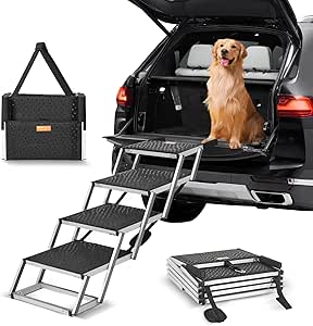 VEVOR Dog Stair for Cars, Wide 4-step Dog Car Steps, Folding Dog Car Ramp with Nonslip Surface, Portable Pet Steps Lightweight Aluminum for Car, SUV and Truck, Supports up to 150 lbs