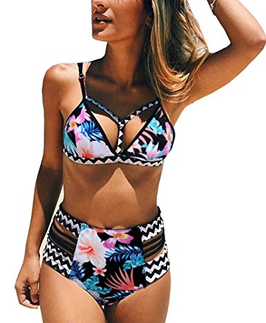 Yonala Women's Sexy Printed High Waist Bandage Bathing Suits Bikini Swimsuit