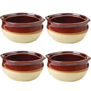 Porcelain Ceramic Onion Soup Crock Bowl 10 Ounce Set of 4 Brown and Beige