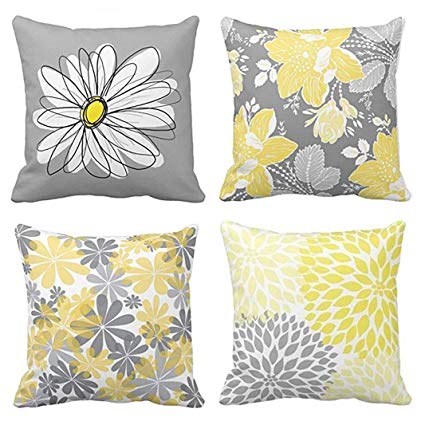 Emvency Set of 4 Throw Pillow Covers Gray and Yellow Modern Daisy with Pretty White Floral Hand Decorative Pillow Cases Home Decor Square 16x16 Inches Pillowcases