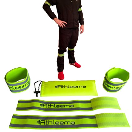 Reflective Arm or Leg Elastic Bands By Athleema (Set of 4 Velcro Straps) Fully Adjustable. High Nighttime Visibility. Great for Running, Walking, Biking.