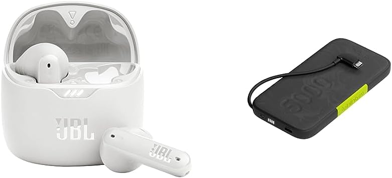 JBL Tune Flex - True Wireless Noise Cancelling Earbuds (White) and InfinityLab InstantGo 5000-5000mAh Power Bank with Integrated USB-C Cable - Black