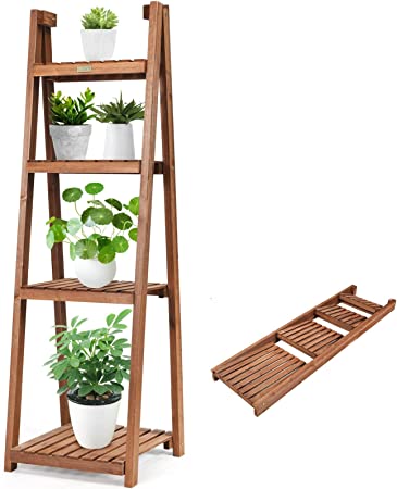 COSTWAY 3/4 Tier Folding Plant Rack, Wooden Flower Shelf Display Ladder, Free Standing Plants Pot Stand Shelves for Garden Home Balcony (47 X 45 X 150cm)