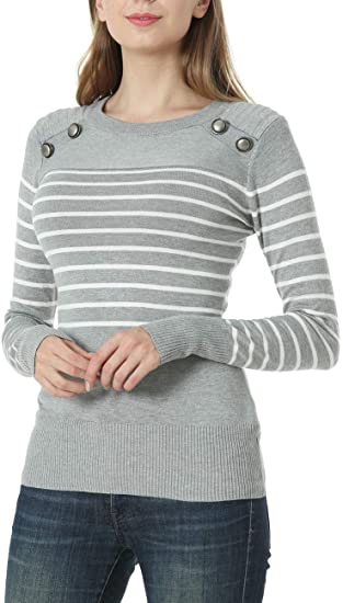 Dilgul Women Crewneck Striped Knit Sweaters Long Sleeves Casual Military Pullover Tops