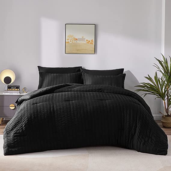 CozyLux Twin Bed in a Bag Black Seersucker Textured Comforter Set with Sheets 5-Pieces for Girls and Boys - Bedding Sets with Comforter, Pillow Sham, Flat Sheet, Fitted Sheet, Pillowcase