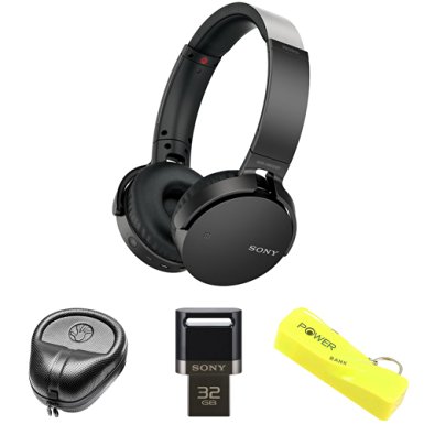 Sony XB Series Wireless Bluetooth Headphones w/ Extra Bass - Black (MDRXB650BT/B) with HardBody Full Sized Headphone Case, 32GB USB 3.0 Flash Drive & 2600mAh Portable Keychain Power Bank - Yellow