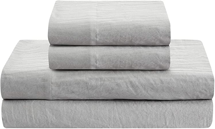 Prewashed Linen Style Crinkle Sheet Set - Extra Soft and Airy Feel For Lightweight and Breathable Bed Sheets for All Season Comfort - Deep pocket, Reinforced Elastic Corner Straps - King, Silver