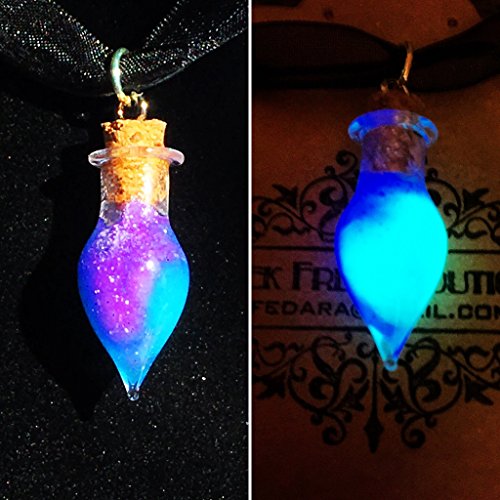 Galaxy Nebula Glass Glow In The Dark Potion Charm with Glitter Stars, Pastel Goth, Purple and Blue Teardrop Pendant with Ribbon Cord Cloth Necklace