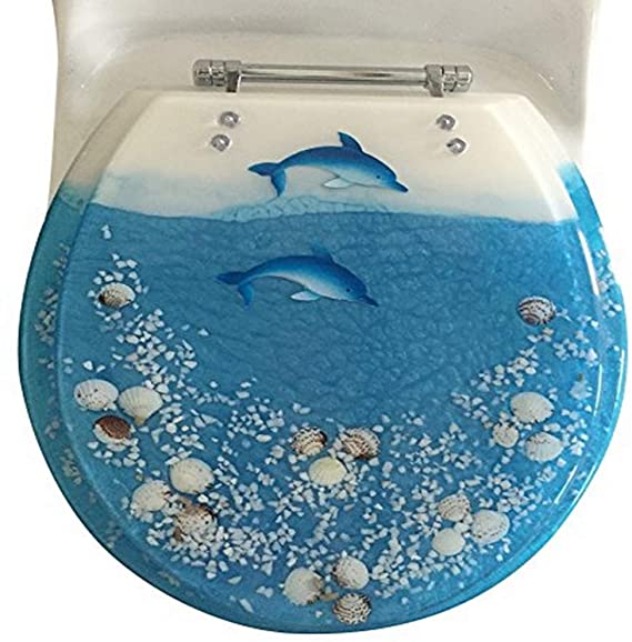 Daniel's Bath & Beyond Polyresin Round Island of Dolphin Toilet Seat, 17", Blue