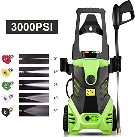 Homdox Electric High Pressure Washer 3000PSI 1.8GPM Power Pressure Washer Machine 1800W with Power Hose Gun Turbo Wand, 5 Quick-Connect Spray Tips and Rolling Wheels