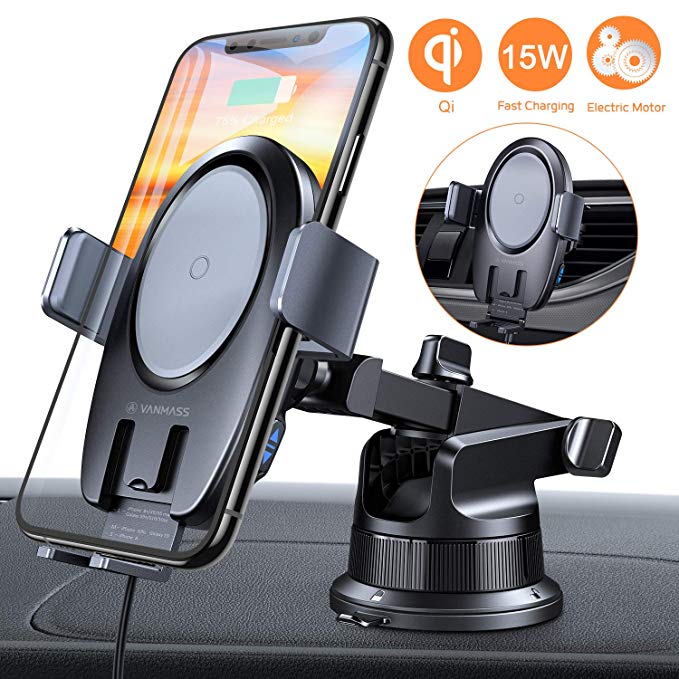 VANMASS 15W Wireless Car Charger Mount, Electric Automatic Clamping Dashboard Air Vent Windshield Phone Holder,Qi Fast Charging Compatible with iPhone 11 Pro Max Xs X 8,Samsung S10 S9 Note10, LG V30