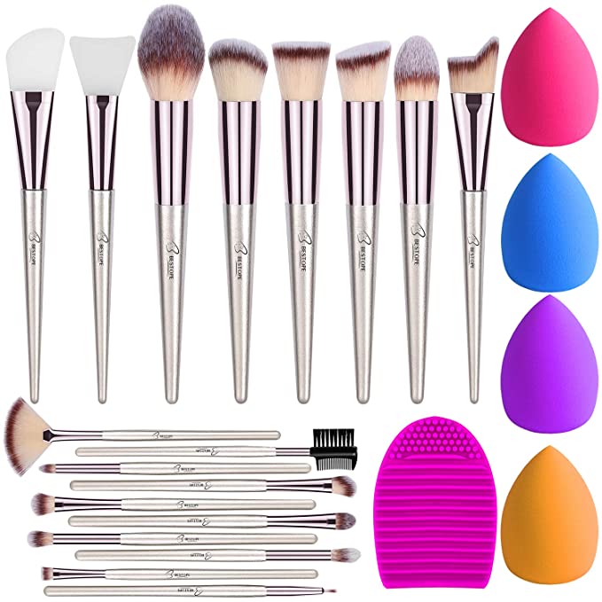 BESTOPE Makeup Brushes 18Pcs Makeup Brush Set, Premium Synthetic Contour Concealers Foundation Powder Eye Shadows Make Up Brushes Kit 2 PCS Silicone Face Mask Brush&4 Blender Sponge&1 Brush Cleaner