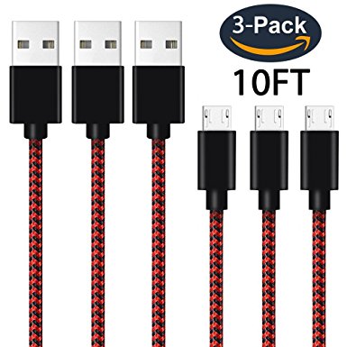 Micro USB Cable, 10FT 3-Pack Nylon Braided High Speed 2.0 USB to Micro USB Charging Cables Android Fast Charger Cord for Samsung Galaxy S7 Edge/S6/S5/