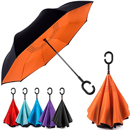 EEZ-Y Inverted Umbrella w/ Windproof Double Layer Construction - Reversed Folding for Car Use - C-Shaped Handle for Hands-Free Use