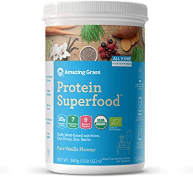 Amazing Grass Protein Superfood: Organic Vegan Protein Powder, Plant Based Meal Replacement Shake with 2 servings of Fruits and Veggies, Pure Vanilla Flavour, 11 Servings