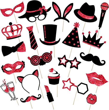 24 Pieces Party Photo Booth Props Mix of Hats, Wine Glass, Lipstick, Tie, Crowns for Birthday Weddings New Years Christmas Party Supplies (Red and Black)