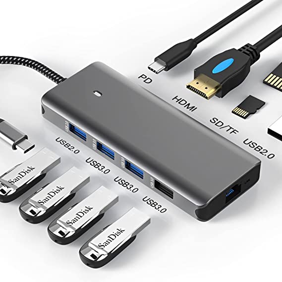 USB C Hub, USB C Docking Station 10-in-1 with 4K HDMI, 100W Power Delivery, 3 USB3.0   2 USB2.0, microSD and SD Card Reader, Gigabit Ethernet, USB C Hub Multiport Adapter for MacBook, Dell and More