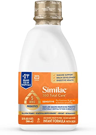 Similac 360 Total Care Sensitive Infant Formula, with 5 HMO Prebiotics, for Fussiness & Gas Due to Lactose Sensitivity, Non-GMO, Baby Formula, Ready-to-Feed 32-fl-oz Bottle (Pack of 6)